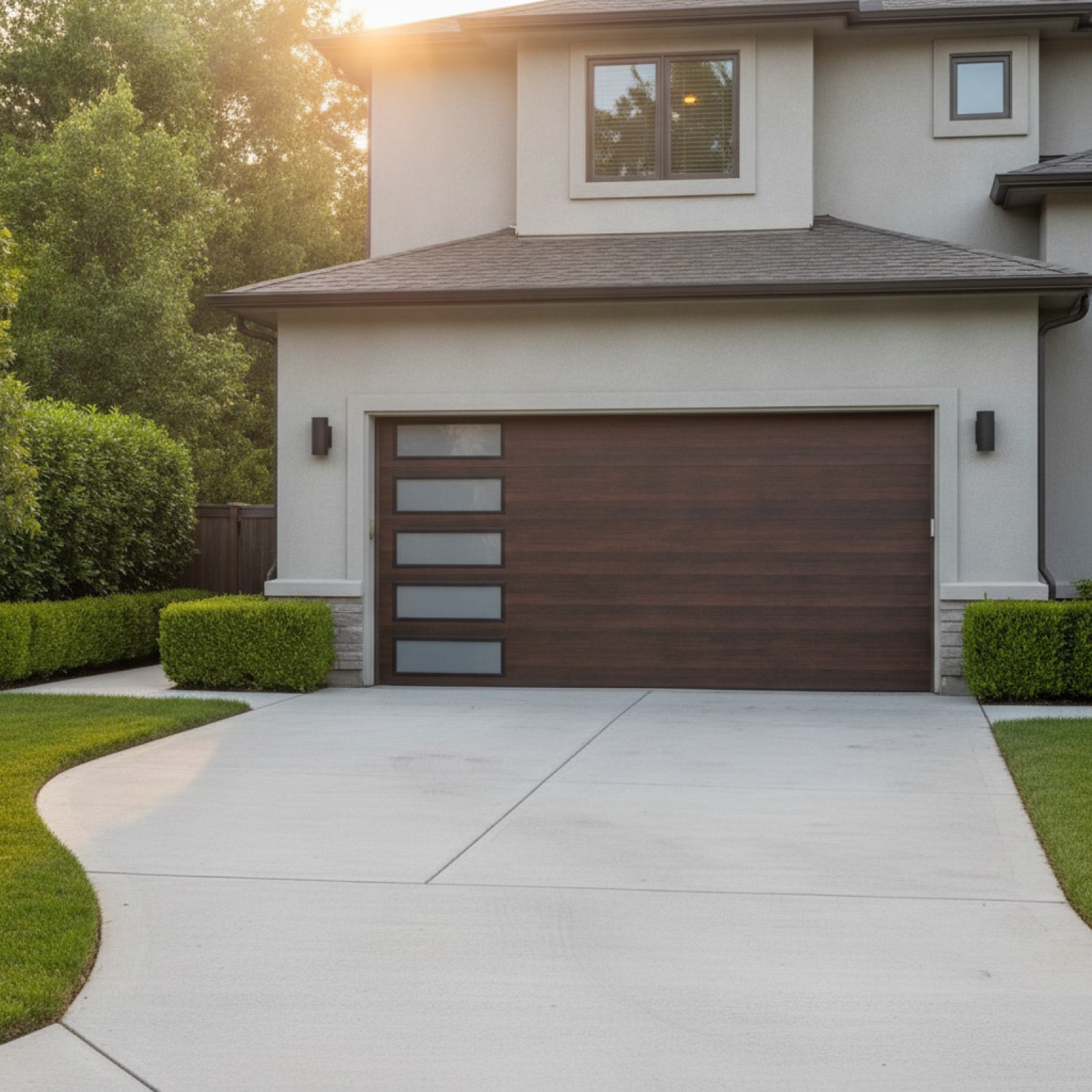 The front of a two-storey house in late light — stucco, siding, trim and a garage door, the surfaces an exterior repaint covers.